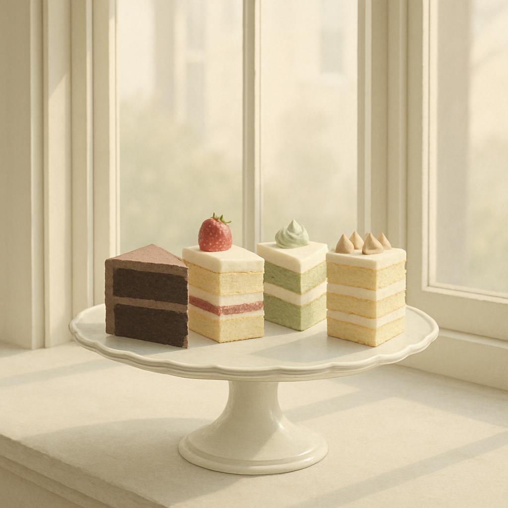 Four square cakes, each with a different flavor, are displayed on a pedestal near a sunny window.