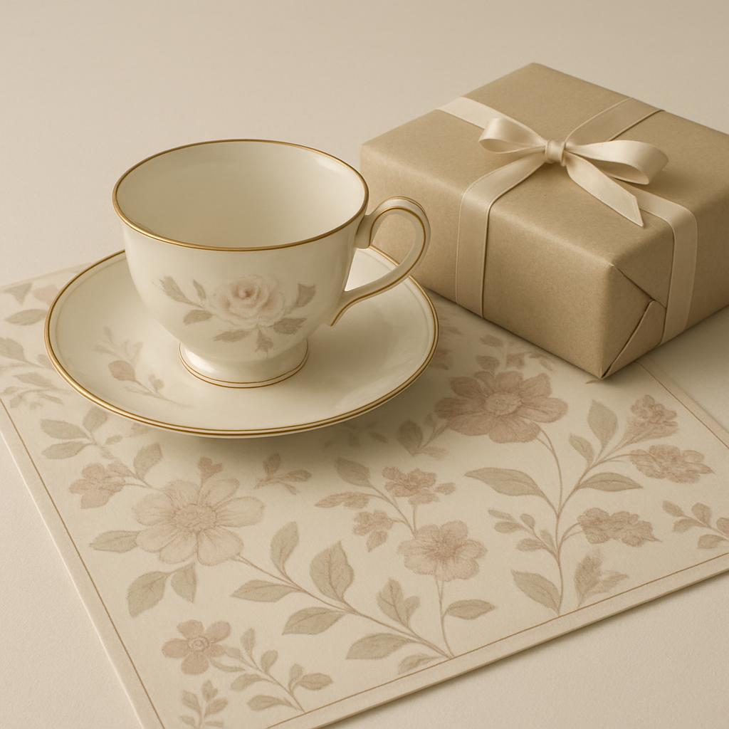 A close-up image of a delicate teacup on a floral mat, accompanied by a wrapped gift. The white china teacup is adorned wi...