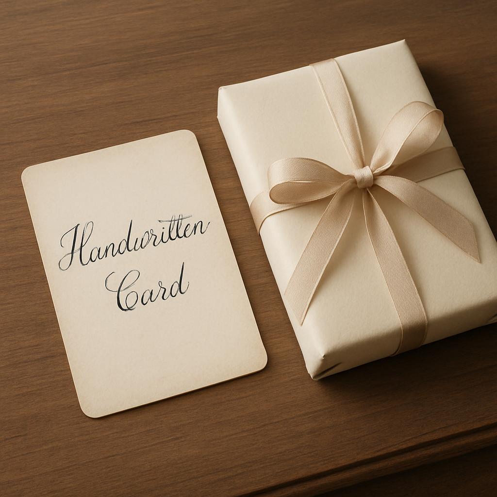 A white card with the words "Handwritten Card" written on it in cursive black text lines the left-hand side of the frame. ...