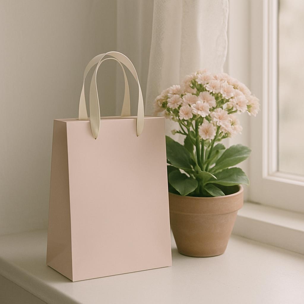 A pink paper bag, a small beige pot and a plant with white flowers next to it. {alt text} A pink paper bag sits on a windo...